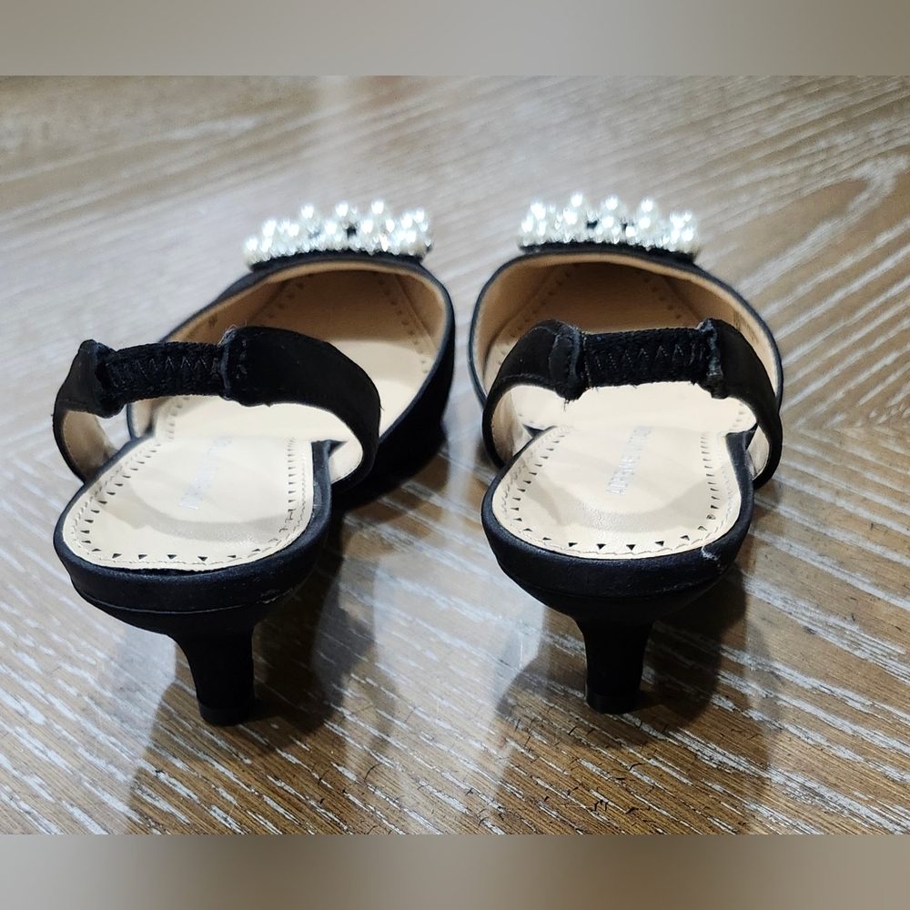 Adrienne Vittadini Black Satin Slingback Heels with Pearl Embellishment - Picture 8 of 9